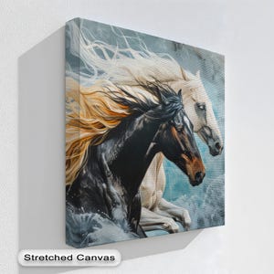 Wild Stallions Canvas Art: Coastal Horse Painting with Floating Frame