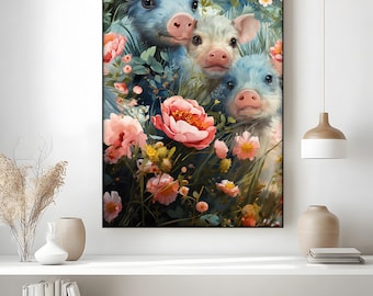 Impresión floral en lienzo de cerditos, decoración de pared para guardería, arte de granja
