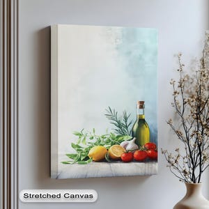 Stampa su tela con olio d'oliva e limone per la cucina - Stampa su tela con erbe aromatiche e pomodori freschi per un arredamento moderno in stile fattoria o ispirato agli chef, stampa su tela, poster art
