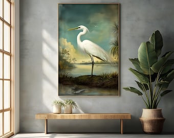 White Egret Canvas Art: Tranquil Nature Landscape Poster