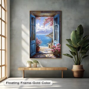 a painting of an open window with a view of the ocean