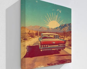 Retro Desert Road Trip Canvas Art: Vintage Car, Natural Wood Frame