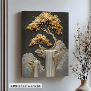 Golden Tree Waterfall Canvas Art: 3D Effect, Floating Silver Frame