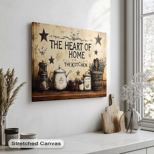 The Heart of Home Wall Art - Stampa su tela rustica da cucina con cornice antracite, teiera vintage ed erbe aromatiche, decorazione per la casa in stile country, stampa su tela da parete
