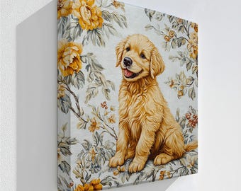 Floral Puppy Canvas Print: Golden Retriever with Natural Floating Frame