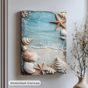Canvas kunstwerk met schelpen en zeesterren: decoratie voor een strandhuis aan de kust