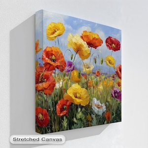 Colorful Wildflower Field Canvas Wall Art, Vibrant Floral Painting with Gold Floating Frame for Living Room & Entryway, Canvas Wall Art