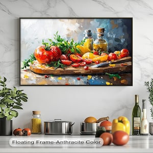 Quadro su tela "Pomodoro e olio d'oliva" - Stampa su tela rustica per cucina con cornice bianca galleggiante per un arredamento mediterraneo colorato, quadro su tela