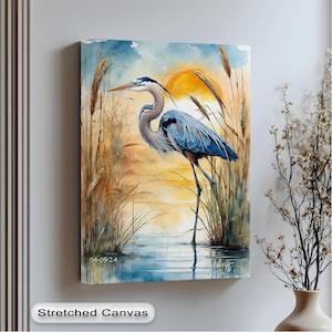 Quadro da parete "Airone azzurro al tramonto" - Tela verticale con cornice dorata per la casa ispirata alla natura e come regalo per gli amanti del birdwatching, quadro da parete su tela