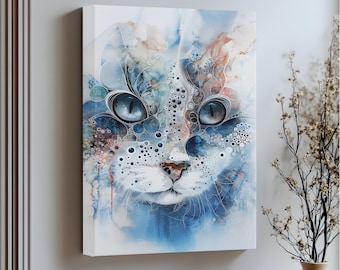 Abstrakte Katze - Leinwanddruck Blau & Orange Moderne Wandkunst
