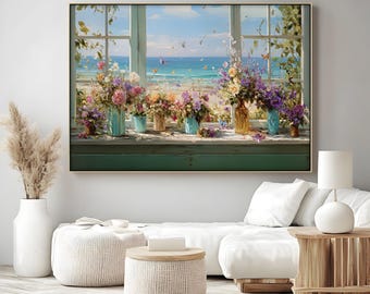 Può includere: Stampa su tela incorniciata con una vivace composizione floreale in vasi su un davanzale con vista sulla spiaggia. L'opera presenta una varietà di fiori colorati e farfalle, con il testo "Floating Frame-Natural Color" in basso.