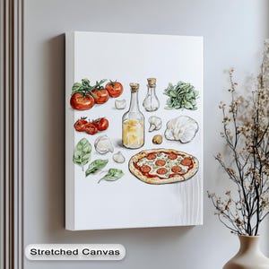Poster su tela con pizza italiana - Poster su tela con pomodoro, basilico e aglio, illustrazione di ingredienti di cucina rustica per gli amanti del cibo, poster su tela