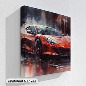 Red Supercar Canvas Print: Urban Racing Car Wall Art with White Frame