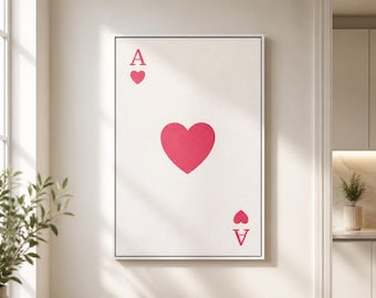 Ace of Hearts Framed Canvas Wall Art, Pink Playing Card Print, Minimalist Poker Decor, Game Room Bedroom Wall Art