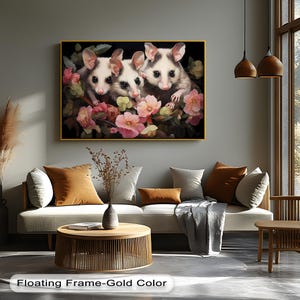 Cute Possum Wall Art, Trio of Baby Possums in Floral Canvas, Black Background Animal Print with Black Floating Frame,Canvas Wall Art