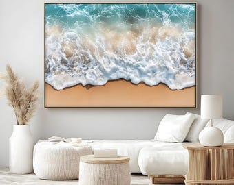 Ocean Wave Beach Wall Art, Aerial Shoreline Poster, Canvas & Framed Coastal Decor