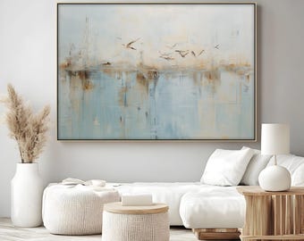 May include: Abstract landscape painting with a light blue and brown color palette. The artwork features a flock of birds in flight above a body of water. The text "Floating Frame-Natural Color" is at the bottom.
