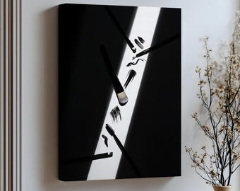 Minimalist Makeup Brushes Canvas Wall Art, Black and White Beauty Poster, Canvas & Framed Decor