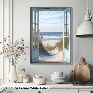 Stampa su tela con vista sulla finestra della spiaggia - Stampa su tela con vista sull'oceano costiero con persiane aperte, decorazione rilassante sul mare per interni ispirati all'estate, arte su tela