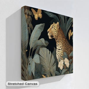 Leopard Jungle Canvas Art: Tropical Safari Print in Natural Frame