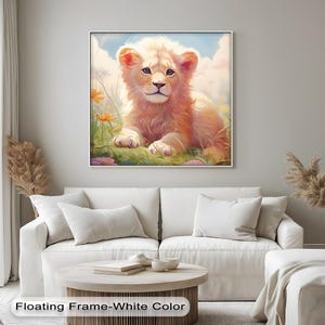 Baby Lion Cub Canvas Wall Art, Cute Jungle Animal Print for Nursery or Kids Room, Vertical Safari-Themed Artwork with Black Frame