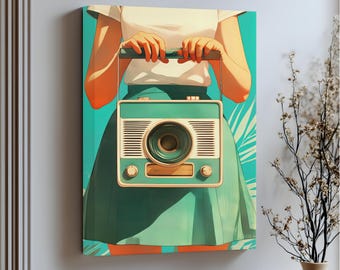 May include: A canvas print depicting a vintage teal camera. The person in the image wears a white top and teal skirt. The background is teal with white and green leaf patterns. The text "Stretched Canvas" is at the bottom of the print.