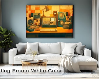 Retro Audio Equipment Canvas Art: Gold Frame, Vintage Music Studio