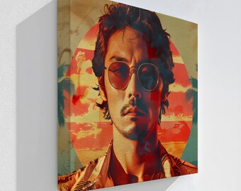 May include: Stretched canvas art featuring a stylized portrait of a person wearing sunglasses. The artwork has a retro aesthetic with a sunset and palm tree background. The person has dark hair and a mustache, and is wearing a patterned shirt.