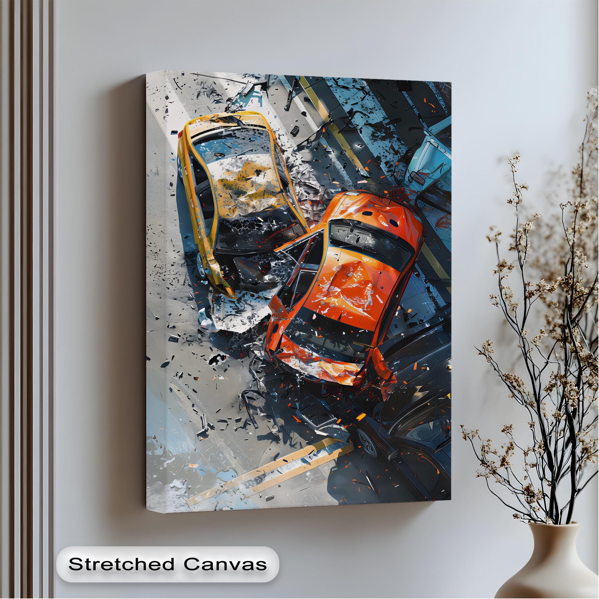 Crash Impact Car Canvas Art: Dramatic Collision Scene, Black Frame