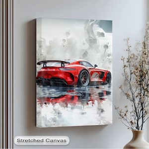 Red Supercar Wall Art: Luxury Sports Car Print - Abstract Urban Reflection