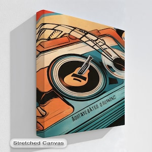 Retro Music Tape Deck Wall Art, Colorful Vintage Audio-Inspired Canvas Print, Floating Silver Frame, Bold Music Room Decor