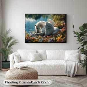 Pegasus Fantasy Wall Art, Mystical White Winged Horse Canvas Print with Flowers, Magical Decor for Living Room or Nursery,Canvas Wall Art