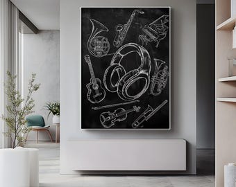 Chalkboard Music Instrument Sketch Art: Silver Frame, Modern Print