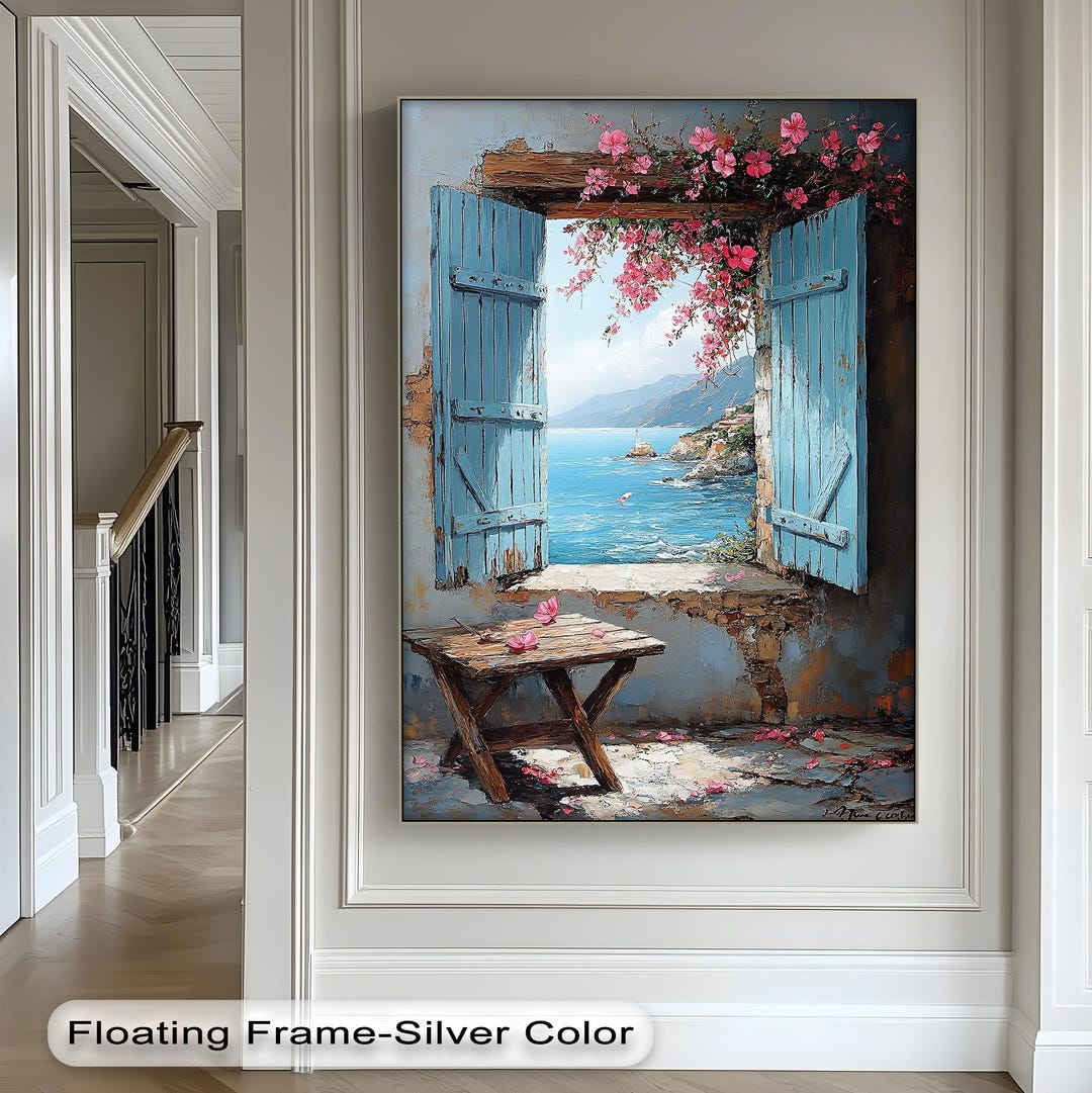 Mediterranean Seaside Canvas Art: Blue Shutters, Coastal Home