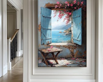 Mediterranean Seaside Canvas Art: Blue Shutters, Coastal Home