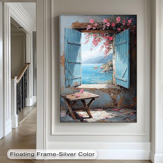 Mediterranean Seaside Canvas Art: Blue Shutters, Coastal Home