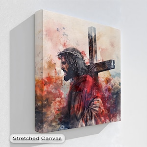 Jesus Carrying the Cross Canvas Wall Art, Passion of Christ Painting, Inspirational Christian Decor for Living Room or Prayer Space