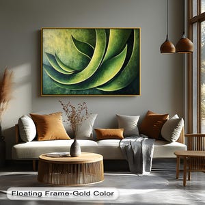 Arte de parede em tela com folhas verdes abstratas, impressão botânica moderna com moldura natural, arte inspirada na natureza para decoração de sala de estar, arte em tela