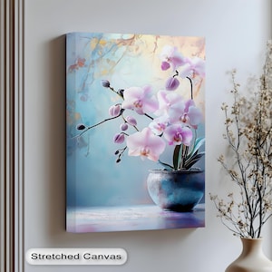 Canvaskunst roze orchidee: blauwe pot, zilveren zwevende lijst
