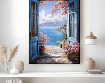 Open Window Coastal Canvas Wall Art, Seaside Canvas Art, View Landscape Canvas Print, Mediterranean Canvas Print, Framed & Ready to Hang