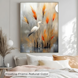 Quadro su tela "Egretta tra canne autunnali" - Dipinto verticale di un airone con cornice nera sospesa, decorazione rustica per la casa ispirata alla natura