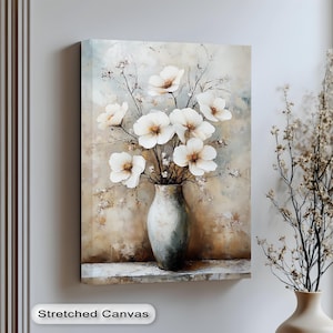 White Floral Vase Canvas Art: Neutral Botanical Painting