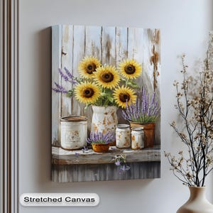Rustikale Sonnenblume Lavendel Wandkunst - Vintage Bauernhaus Stil Leinwand, Poster & gerahmter Druck, Sonnenblume Leinwand Wandkunst, Poster Wandkunst,