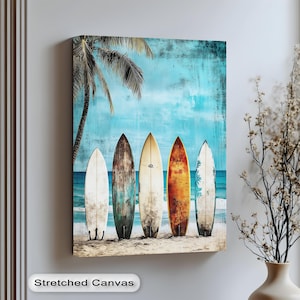Arte mural costero con tabla de surf: decoración vintage para casa de playa, póster de océano tropical, lienzo o marco listo para colgar