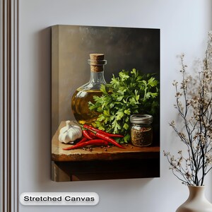 Arte murale rustica da cucina con erbe aromatiche – Olio d'oliva – Spezie, tela verticale, poster e stampa incorniciata per arredamento mediterraneo, arte murale su tela, poster art