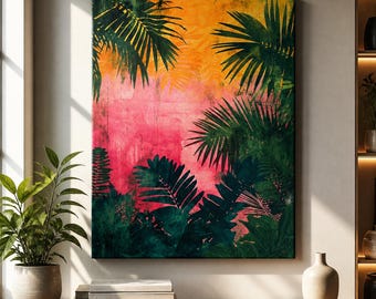 Tropical Leaf Canvas Wall Art, Pink Orange Botanical Print, Framed or Stretched Large Vertical Maximalist Jungle Decor