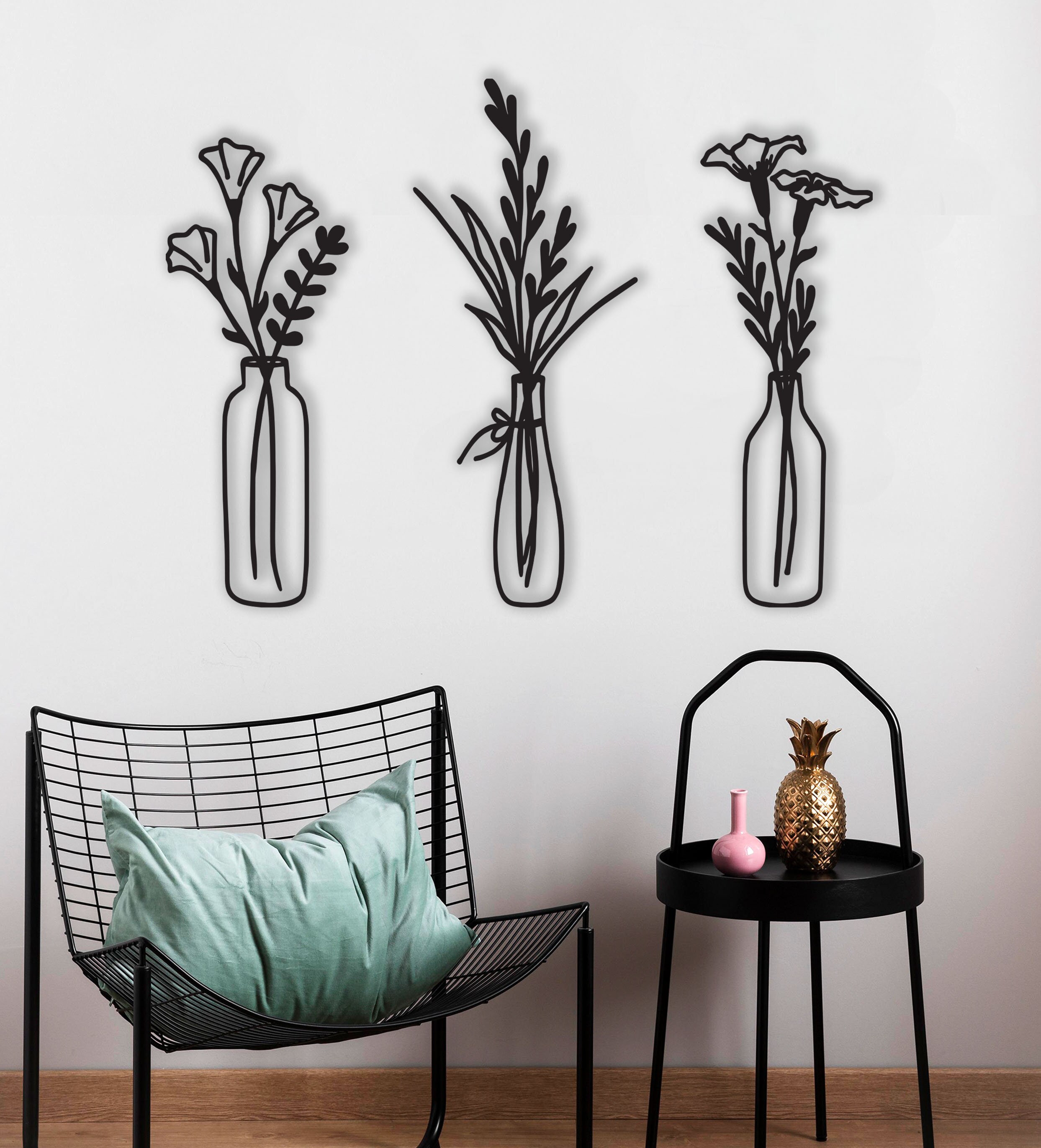 Floral Metal Wall Decor,3 Pieces Flower in Vase Metal Wall Decor