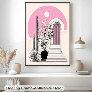Tela astratta con linee astratte e cornice dorata, motivo "Desert Steps" - Illustrazione moderna di cactus con sole rosa per un ingresso o un soggiorno in stile boho minimalista.