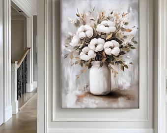 White Floral Canvas Art: Rustic Mason Jar Print, Farmhouse Decor