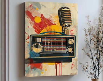 Color Splash Retro Radio Wall Art, Vintage Microphone Canvas Print with Silver Frame, Vibrant Mid-Century Music Room Decor